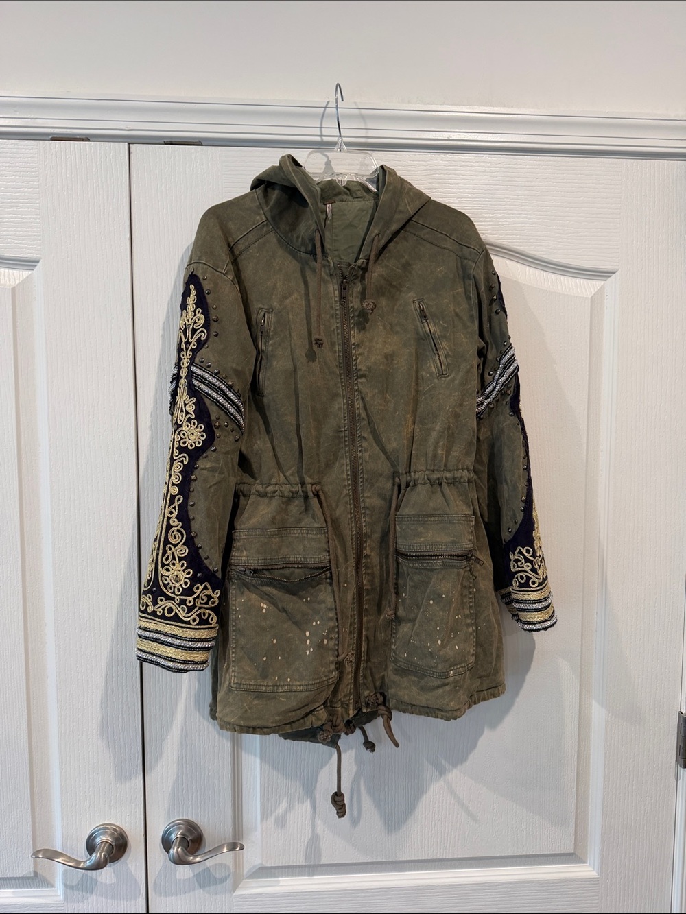 Free People Olive Green Embroidered Hooded Utility Jacket